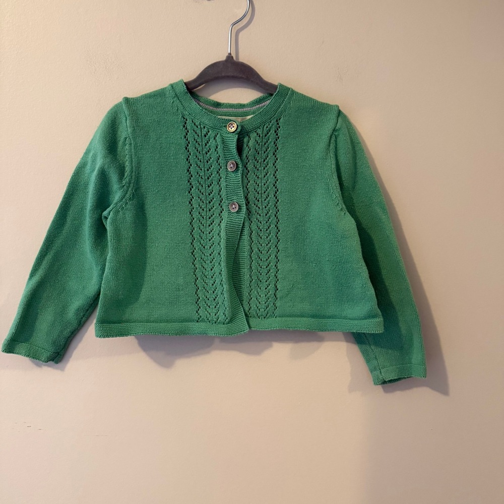 Mini Boden Girls Green Pointelle Knit Cotton Cropped Cardigan Sweater 18-24M